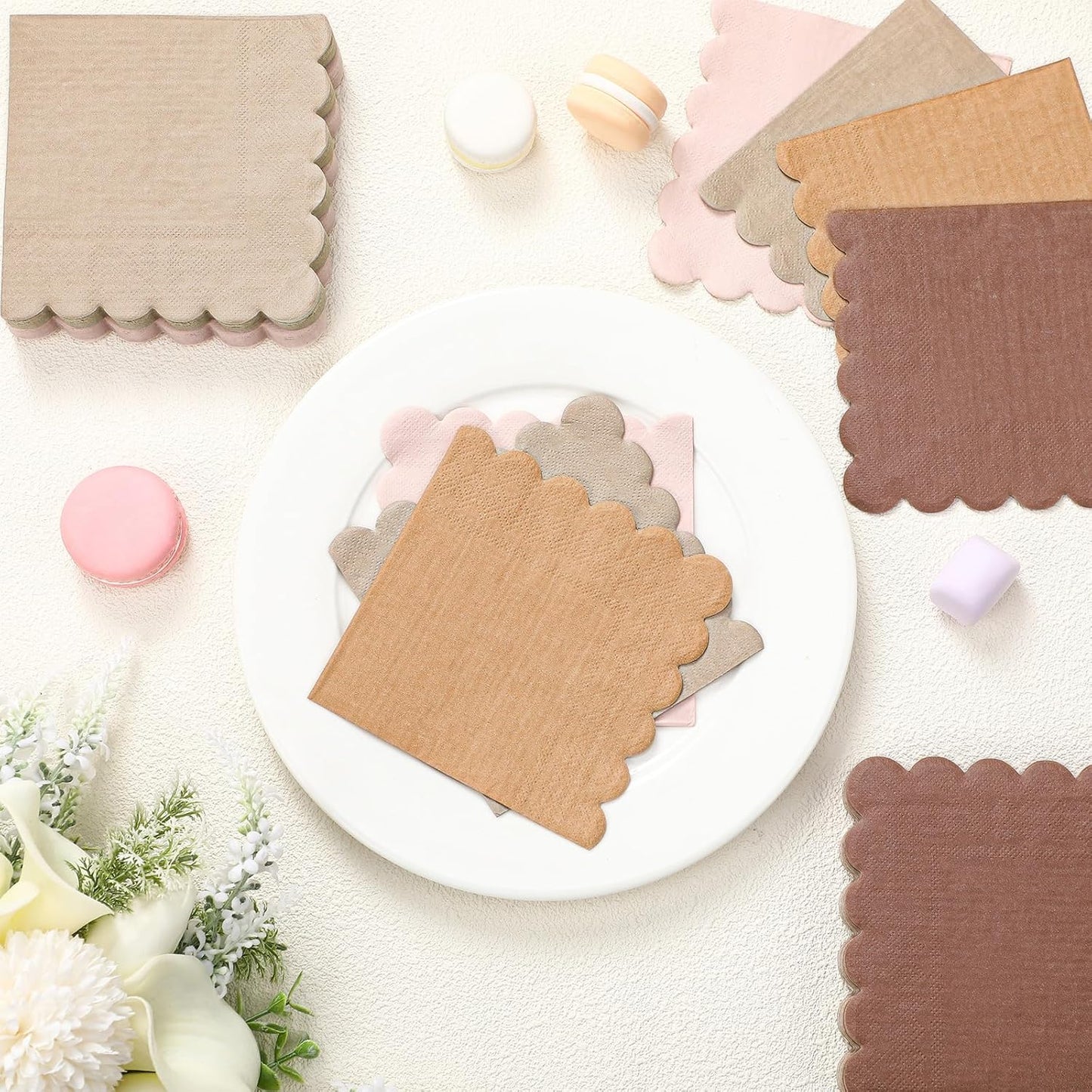 Zhanmai 100 Pack Cocktail Napkins Scalloped Napkins Beverage Gradient Color Paper tissue with Scalloped Edges Thick Disposable Luncheon tissue for Party Supplies(5 x 5 Inch,Pink Brown)