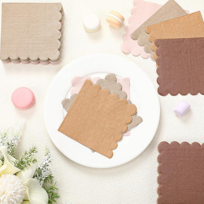 Zhanmai 100 Pack Cocktail Napkins Scalloped Napkins Beverage Gradient Color Paper tissue with Scalloped Edges Thick Disposable Luncheon tissue for Party Supplies(5 x 5 Inch,Pink Brown)