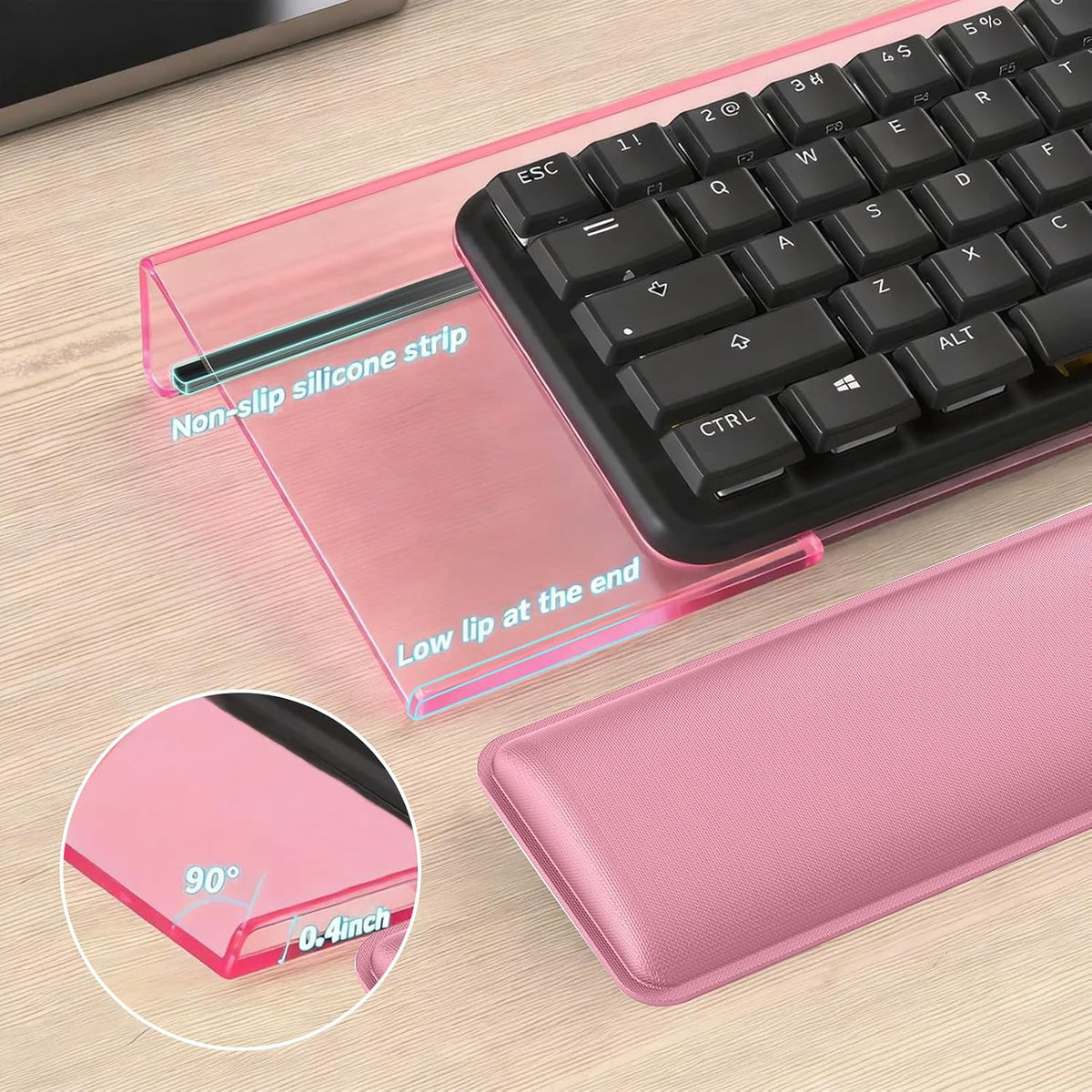 Computer Keyboard Stand and Wrist Rest Set, Keyboard Holder with Wrist Pad, Computer Wrist Support Pad, Keyboard Riser Holder with Wrist Pad for Office Home(Pink)