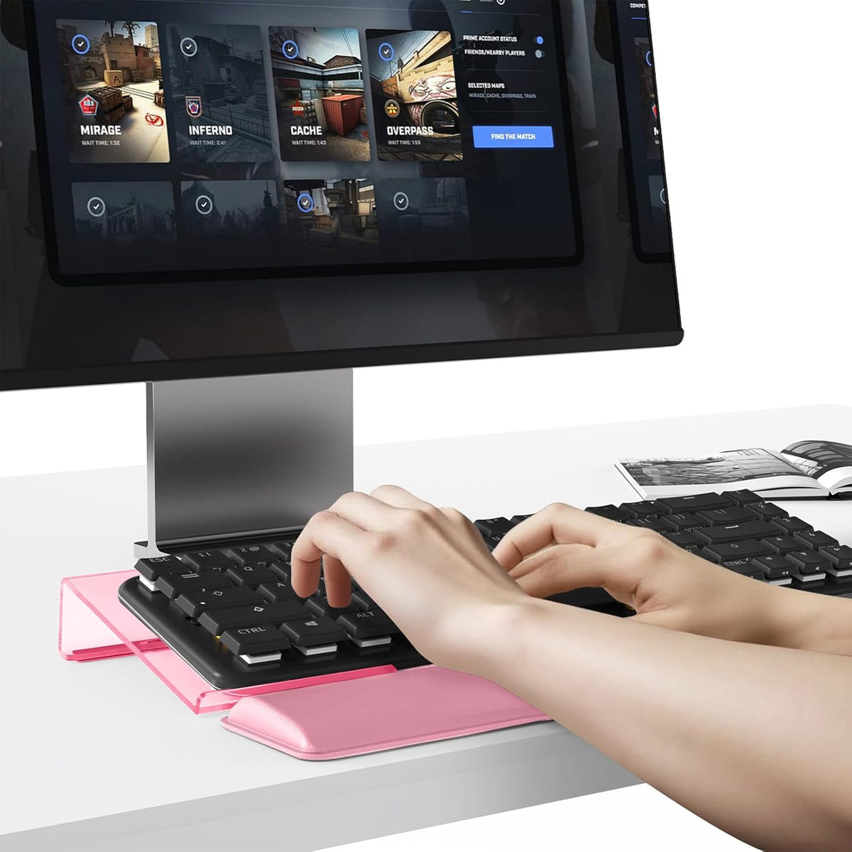 Computer Keyboard Stand and Wrist Rest Set, Keyboard Holder with Wrist Pad, Computer Wrist Support Pad, Keyboard Riser Holder with Wrist Pad for Office Home(Pink)