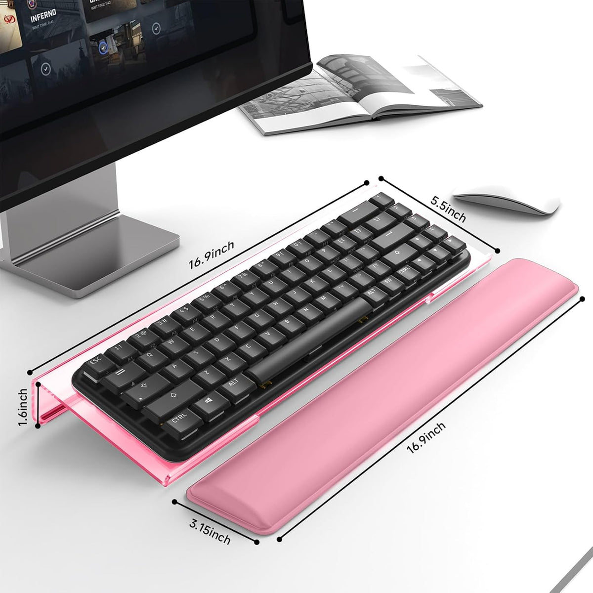 Computer Keyboard Stand and Wrist Rest Set, Keyboard Holder with Wrist Pad, Computer Wrist Support Pad, Keyboard Riser Holder with Wrist Pad for Office Home(Pink)