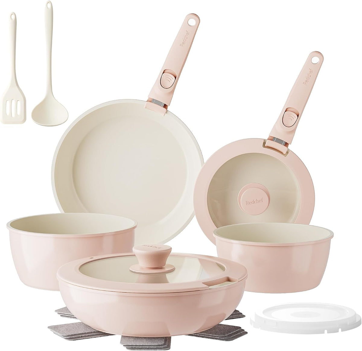 Pans and Pots Set Nonstick, Ceramic Cookware Set with Detachable Handles 16Pcs, Induction Dishwasher Oven Safe Kitchen Cooking Set, PFAS PFOA & PTFE Free, Pink