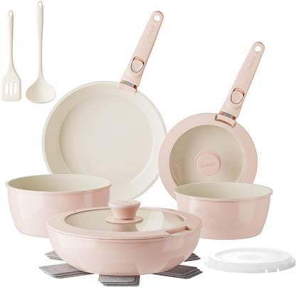Pans and Pots Set Nonstick, Ceramic Cookware Set with Detachable Handles 16Pcs, Induction Dishwasher Oven Safe Kitchen Cooking Set, PFAS PFOA & PTFE Free, Pink