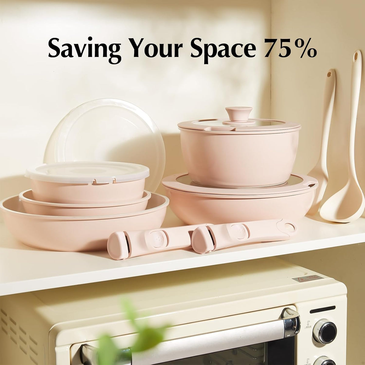 Pans and Pots Set Nonstick, Ceramic Cookware Set with Detachable Handles 16Pcs, Induction Dishwasher Oven Safe Kitchen Cooking Set, PFAS PFOA & PTFE Free, Pink