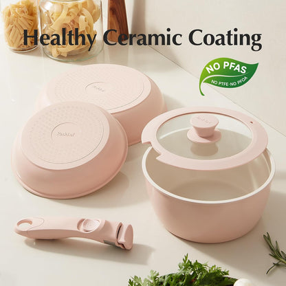 Pans and Pots Set Nonstick, Ceramic Cookware Set with Detachable Handles 16Pcs, Induction Dishwasher Oven Safe Kitchen Cooking Set, PFAS PFOA & PTFE Free, Pink