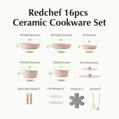 Pans and Pots Set Nonstick, Ceramic Cookware Set with Detachable Handles 16Pcs, Induction Dishwasher Oven Safe Kitchen Cooking Set, PFAS PFOA & PTFE Free, Pink