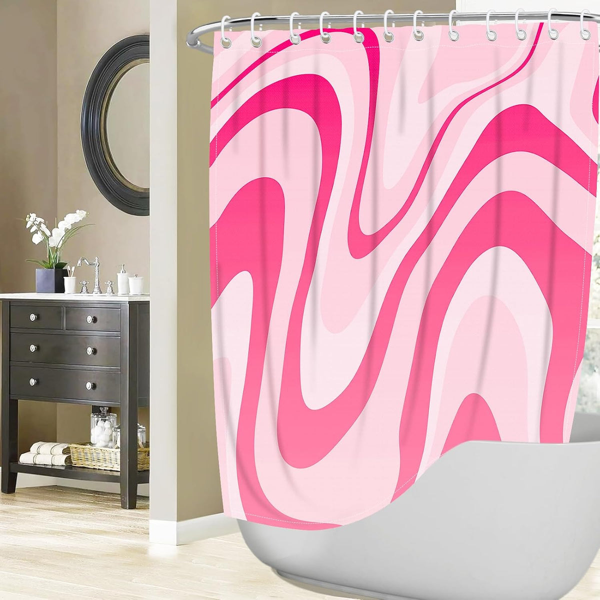 Pink Shower Curtain for Bathroom Cute Wavy Swirl 70S Abstract Retro Vintage Preppy Aesthetic Fabric Waterproof Bathroom Shower Curtains Set with Hooks 72x72 Inch