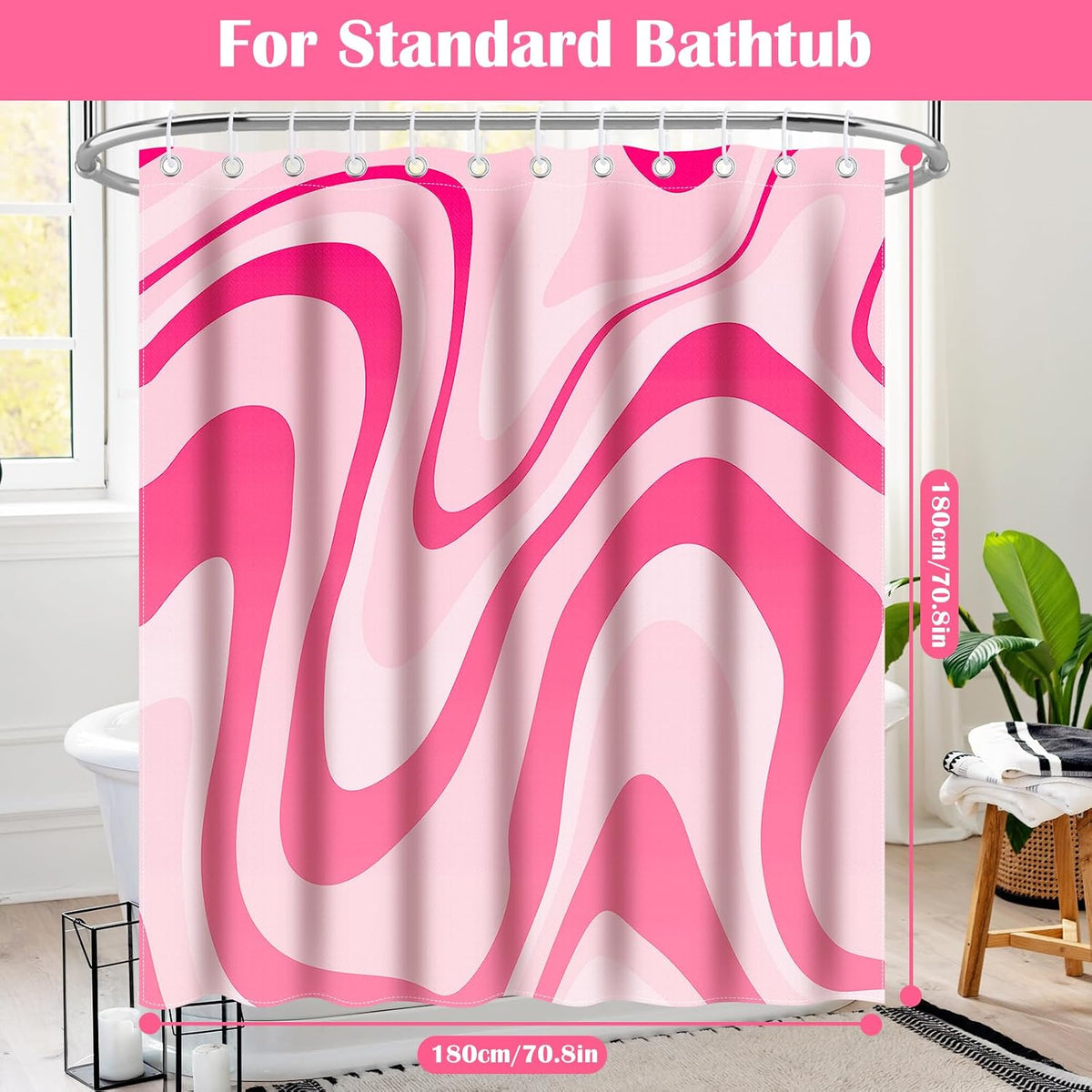 Pink Shower Curtain for Bathroom Cute Wavy Swirl 70S Abstract Retro Vintage Preppy Aesthetic Fabric Waterproof Bathroom Shower Curtains Set with Hooks 72x72 Inch