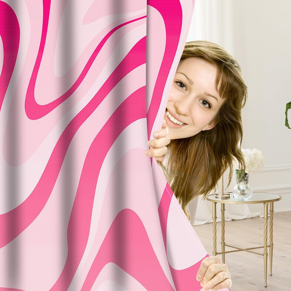 Pink Shower Curtain for Bathroom Cute Wavy Swirl 70S Abstract Retro Vintage Preppy Aesthetic Fabric Waterproof Bathroom Shower Curtains Set with Hooks 72x72 Inch
