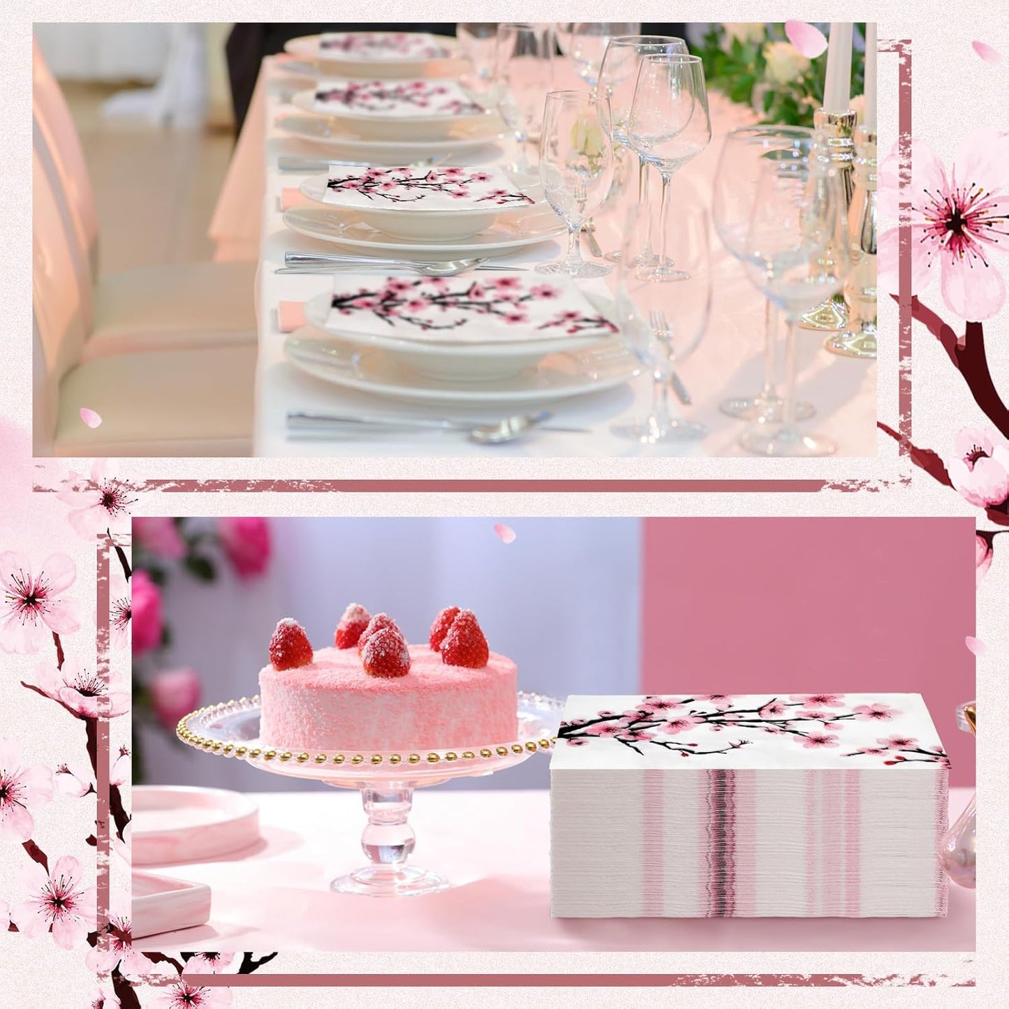 Spiareal 200 Pcs Disposable Paper Hand Towels, Pink Cherry Blossom Decorative Guest Napkins, Floral Paper Napkins for Bathroom, Wedding, Party, Bridal Shower, Birthday, Dinner