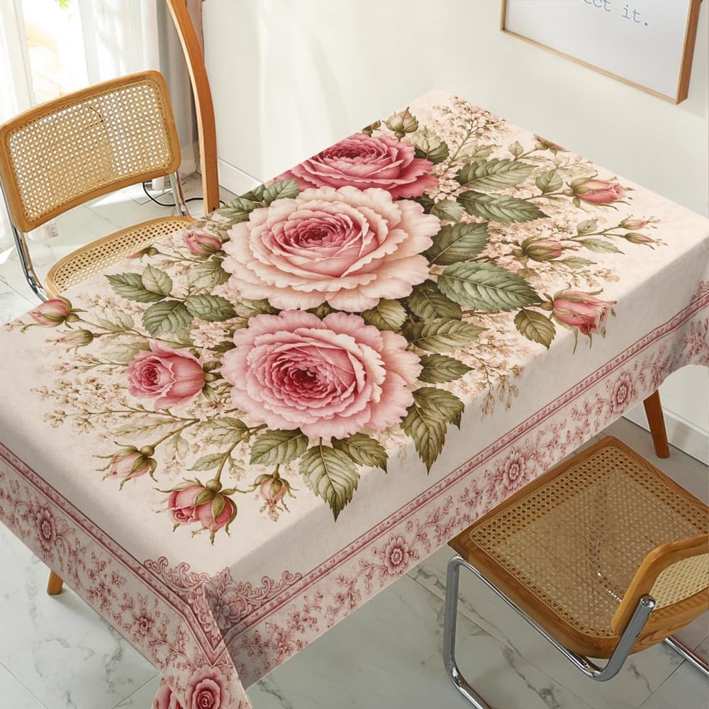 Rectangular Tablecloth, Victorian Shabby Chic, Blush Pink Rose, Polyester 54x70.9