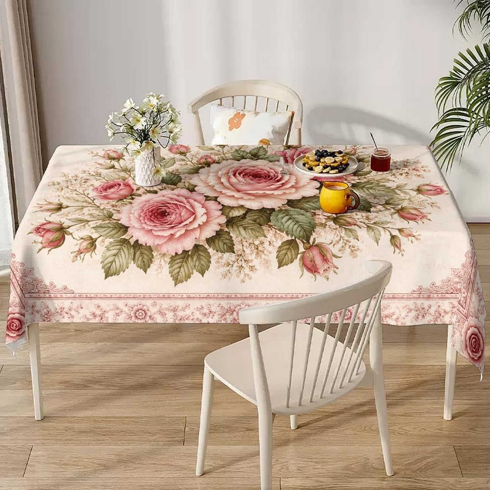 Rectangular Tablecloth, Victorian Shabby Chic, Blush Pink Rose, Polyester 54x70.9