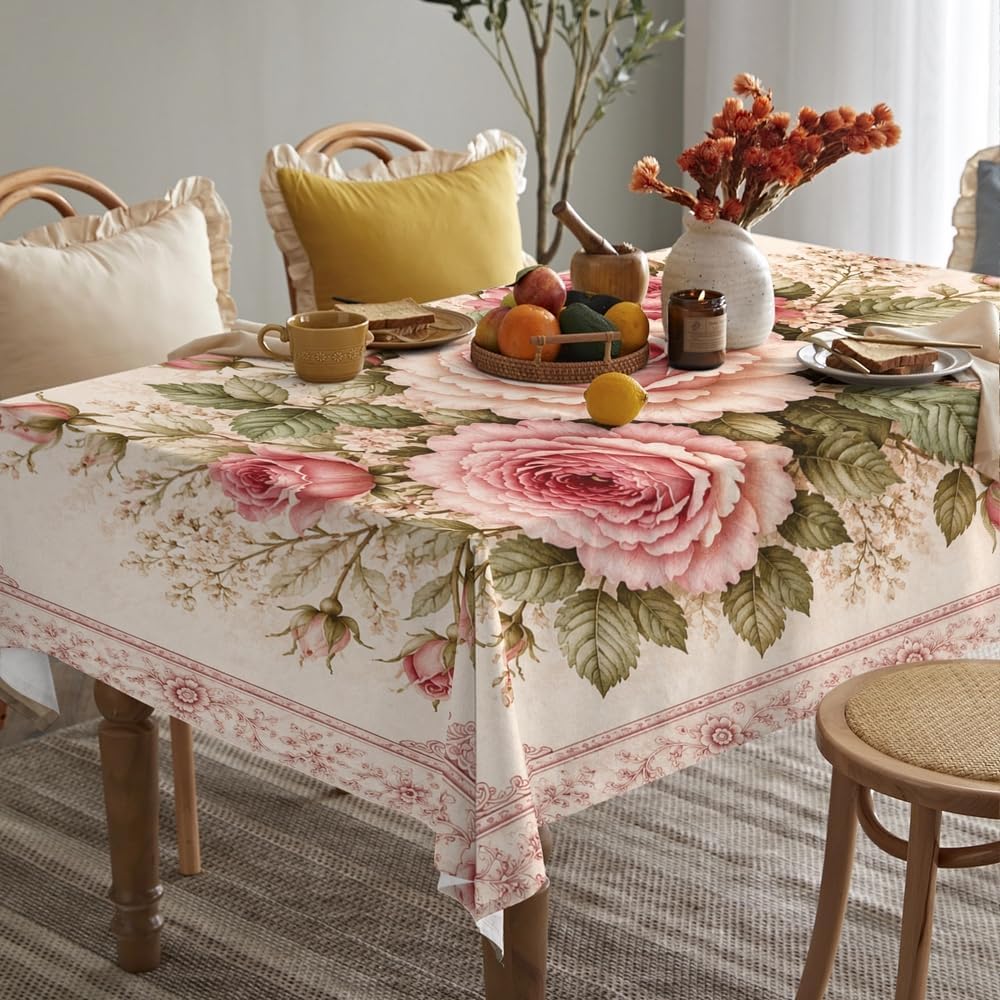 Rectangular Tablecloth, Victorian Shabby Chic, Blush Pink Rose, Polyester 54x70.9