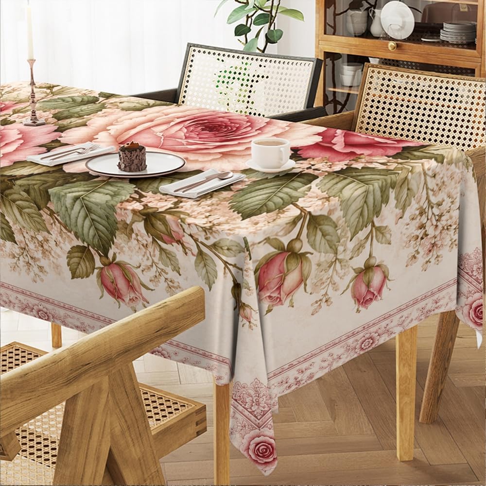 Rectangular Tablecloth, Victorian Shabby Chic, Blush Pink Rose, Polyester 54x70.9