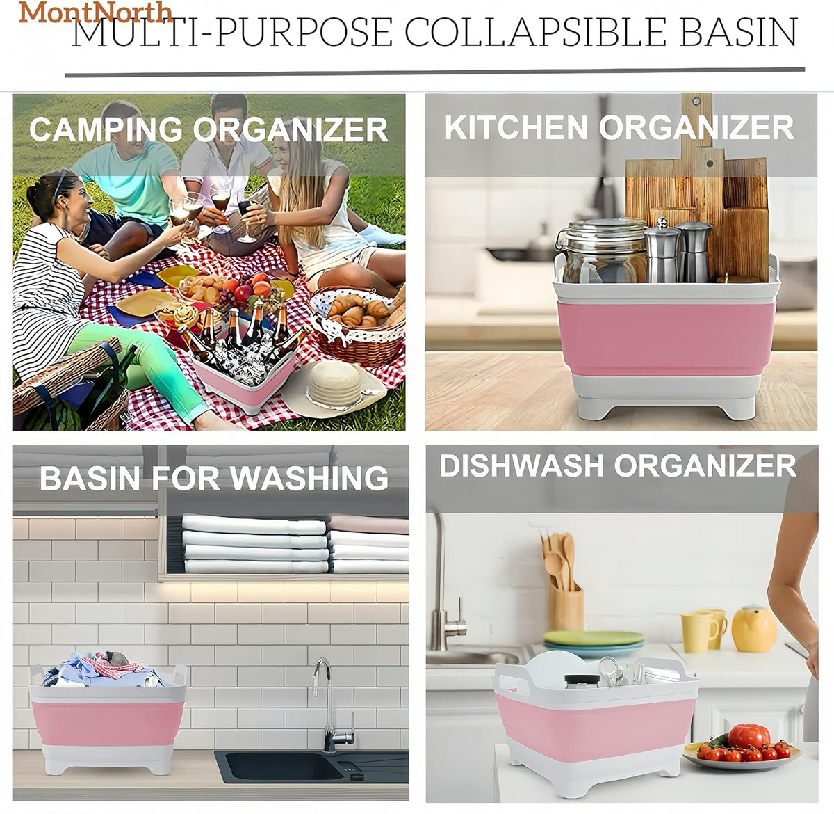 Collapsible Wash Basin 9L, Foldable Dish Tub with Drain Plug, Portable Collapsible Dish Basin, Camping Sink for Washing Dishes, Laundry & Kitchen Use (Pink)