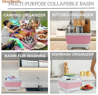 Collapsible Wash Basin 9L, Foldable Dish Tub with Drain Plug, Portable Collapsible Dish Basin, Camping Sink for Washing Dishes, Laundry & Kitchen Use (Pink)