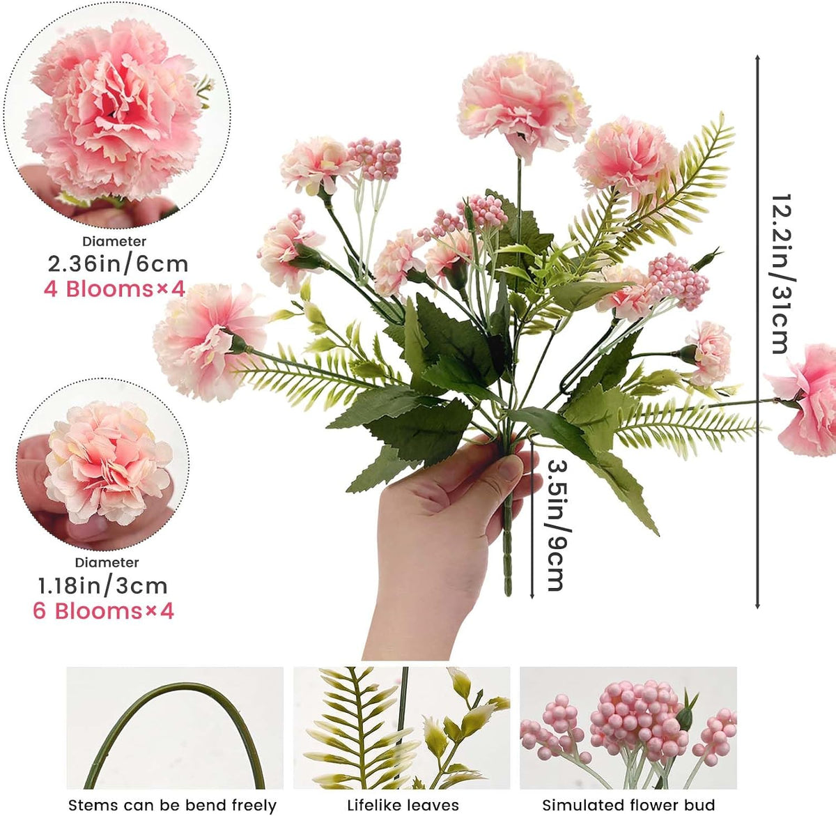 16 Large Blooms Artificial Carnations Bulk with 24 Mini Blooms,Silk Pink Carnations Artificial Flowers with 2 Sizes Blooms & Leaves for Mothers Day Wedding Home Decor