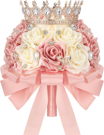 8.7" Ramo de Quinceañera Peach Pink & Cream Bridal Wedding Bouquet with Crown Satin Rose Bling Artificial Flower Bunch Inspiración Ramos para Quinceaños for Bride Wedding Quinceanera