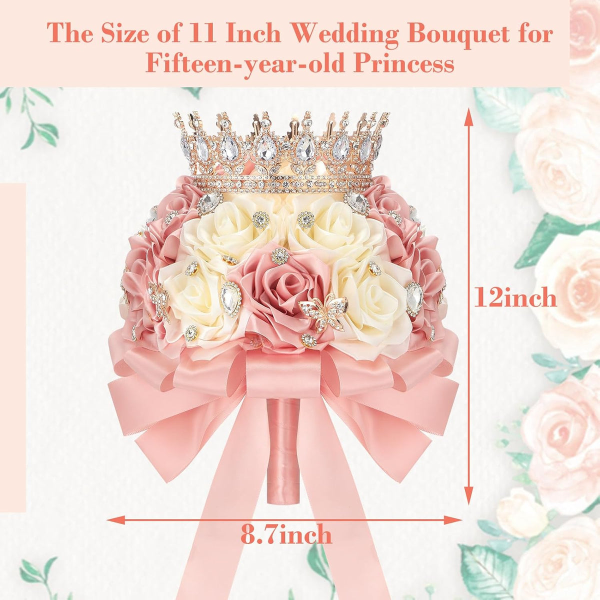 8.7" Ramo de Quinceañera Peach Pink & Cream Bridal Wedding Bouquet with Crown Satin Rose Bling Artificial Flower Bunch Inspiración Ramos para Quinceaños for Bride Wedding Quinceanera
