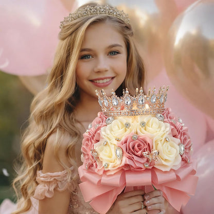 8.7" Ramo de Quinceañera Peach Pink & Cream Bridal Wedding Bouquet with Crown Satin Rose Bling Artificial Flower Bunch Inspiración Ramos para Quinceaños for Bride Wedding Quinceanera