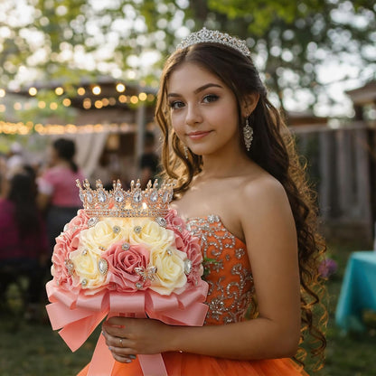8.7" Ramo de Quinceañera Peach Pink & Cream Bridal Wedding Bouquet with Crown Satin Rose Bling Artificial Flower Bunch Inspiración Ramos para Quinceaños for Bride Wedding Quinceanera