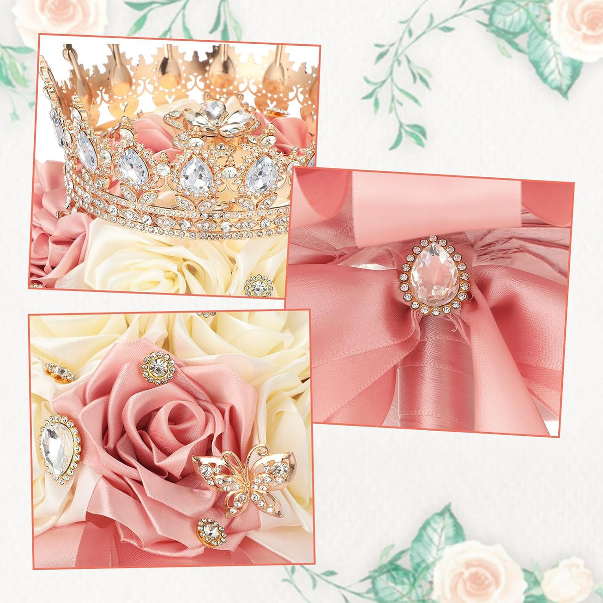 8.7" Ramo de Quinceañera Peach Pink & Cream Bridal Wedding Bouquet with Crown Satin Rose Bling Artificial Flower Bunch Inspiración Ramos para Quinceaños for Bride Wedding Quinceanera