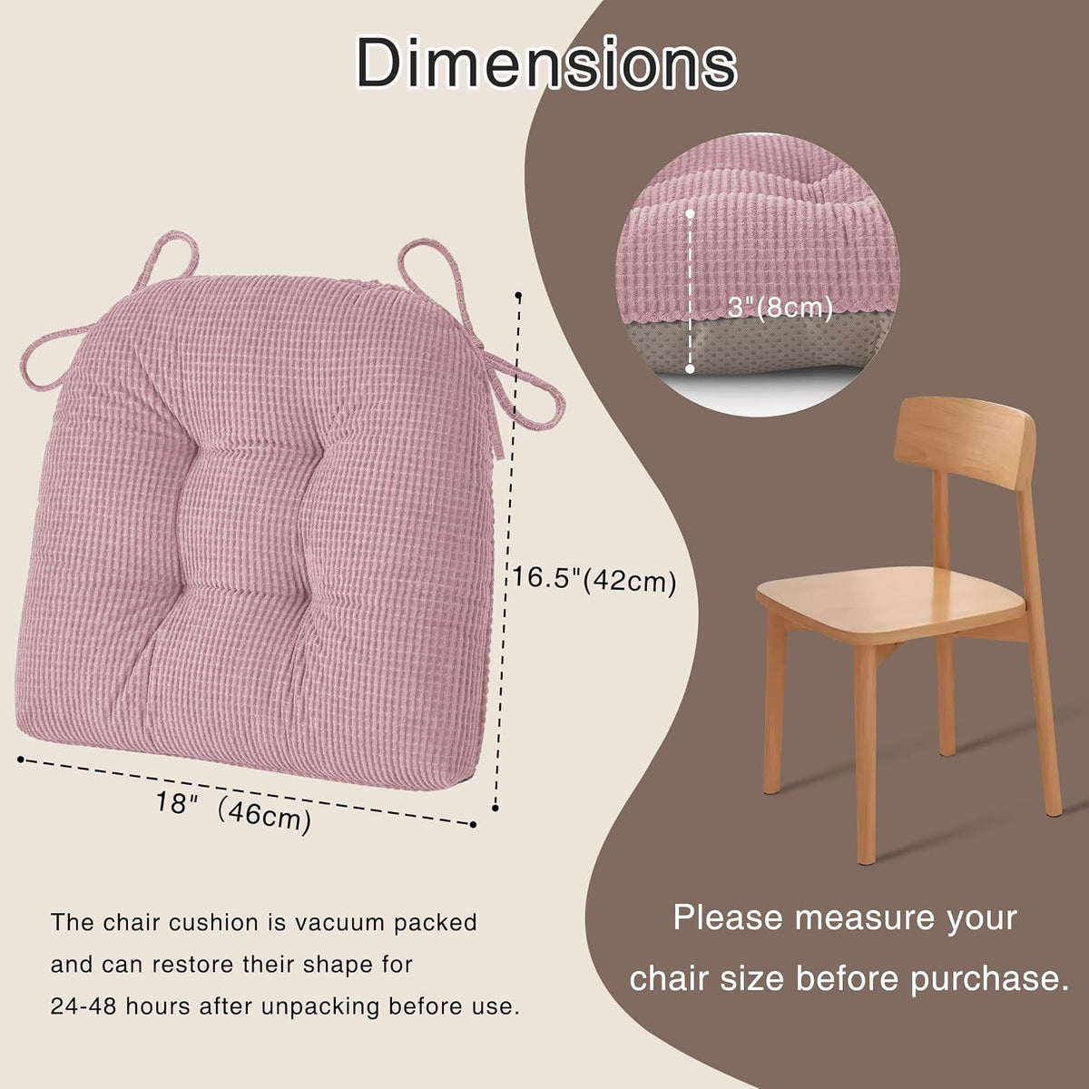 Dining Chair Cushions Set of 2 with Ties 18"x16.5"x3" Light Pink