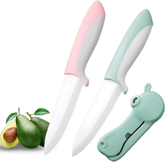 2 pcs ceramic knife - 4 Inch green and pink fruit knife with hippo shape cover, paring knife, use for fruit bread vegetable and meat (green and pink)