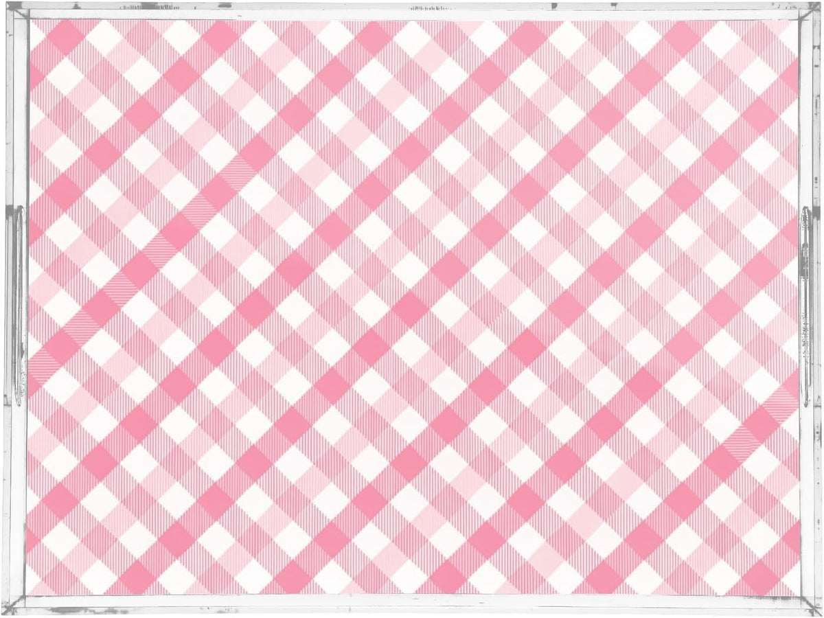 Pink Gingham Serving Tray 12" x 16" Acrylic Trays with Handles Decorative Serving Platter for Coffee, Breakfast in Bed, Dinner, Appetizers, Patio, Party