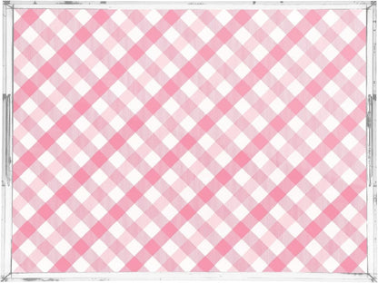 Pink Gingham Serving Tray 12" x 16" Acrylic Trays with Handles Decorative Serving Platter for Coffee, Breakfast in Bed, Dinner, Appetizers, Patio, Party