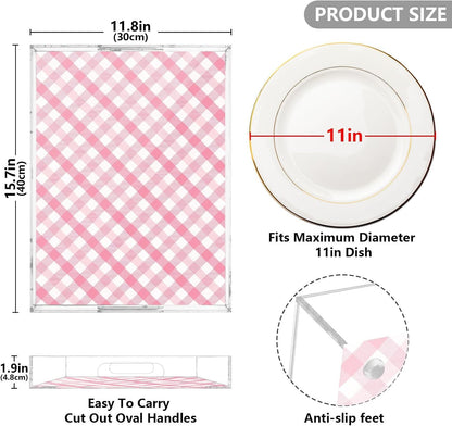 Pink Gingham Serving Tray 12" x 16" Acrylic Trays with Handles Decorative Serving Platter for Coffee, Breakfast in Bed, Dinner, Appetizers, Patio, Party