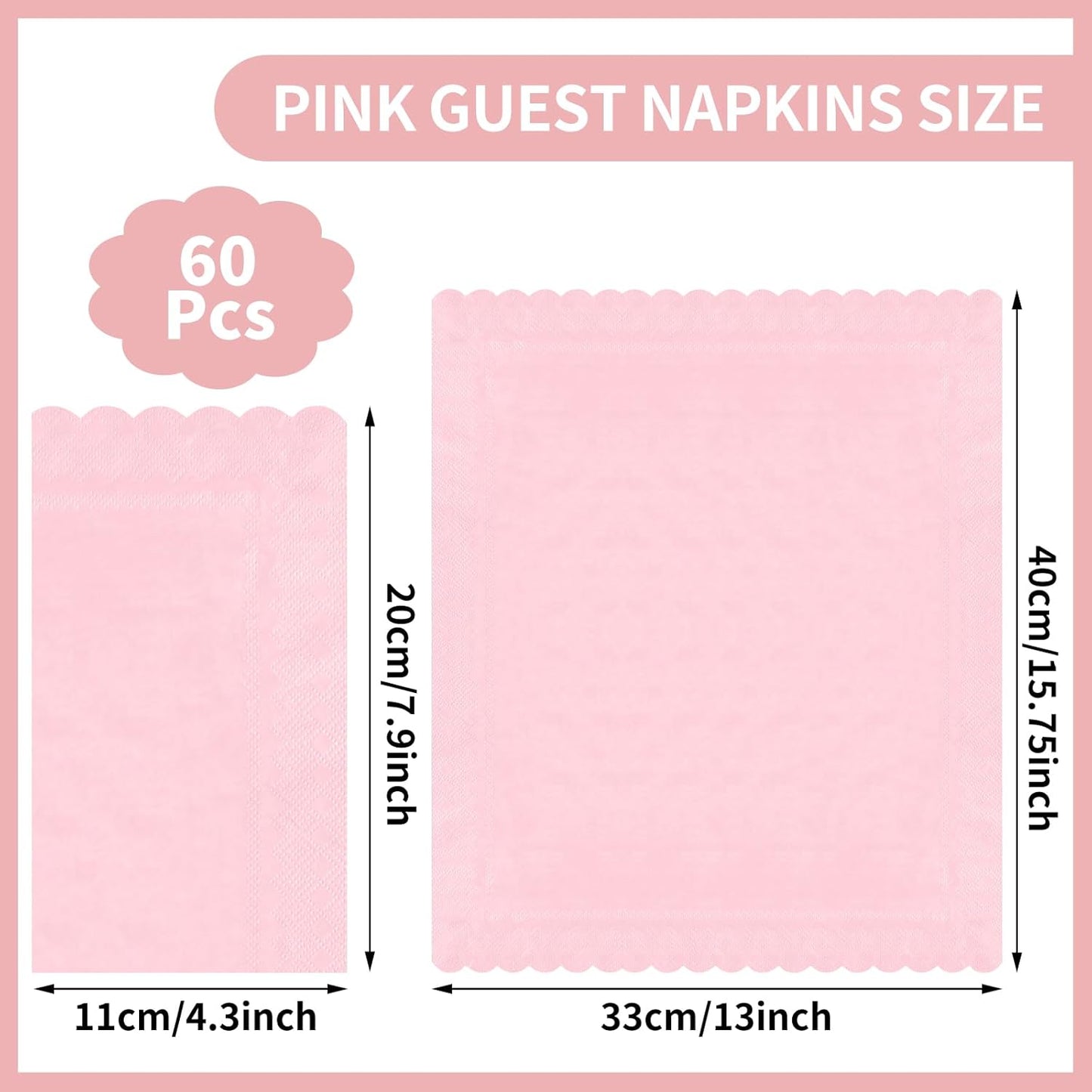 60 Pcs Pink Napkins, 2 Ply Scalloped Napkins Light Pink Disposable Guest Hand Towels for Bathroom Paper Party Dinner Napkin for Wedding, Baby Bridal Shower, Birthday