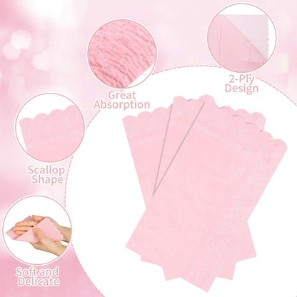 60 Pcs Pink Napkins, 2 Ply Scalloped Napkins Light Pink Disposable Guest Hand Towels for Bathroom Paper Party Dinner Napkin for Wedding, Baby Bridal Shower, Birthday