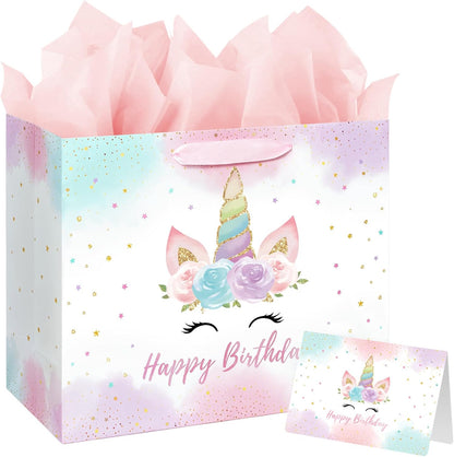 16.5" Large Unicorn Birthday Gift Bag with Card and Tissue Paper for Baby Girls and Kids Birthday (16.5 inch Pink)