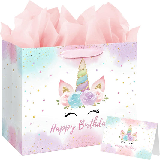 16.5" Large Unicorn Birthday Gift Bag with Card and Tissue Paper for Baby Girls and Kids Birthday (16.5 inch Pink)