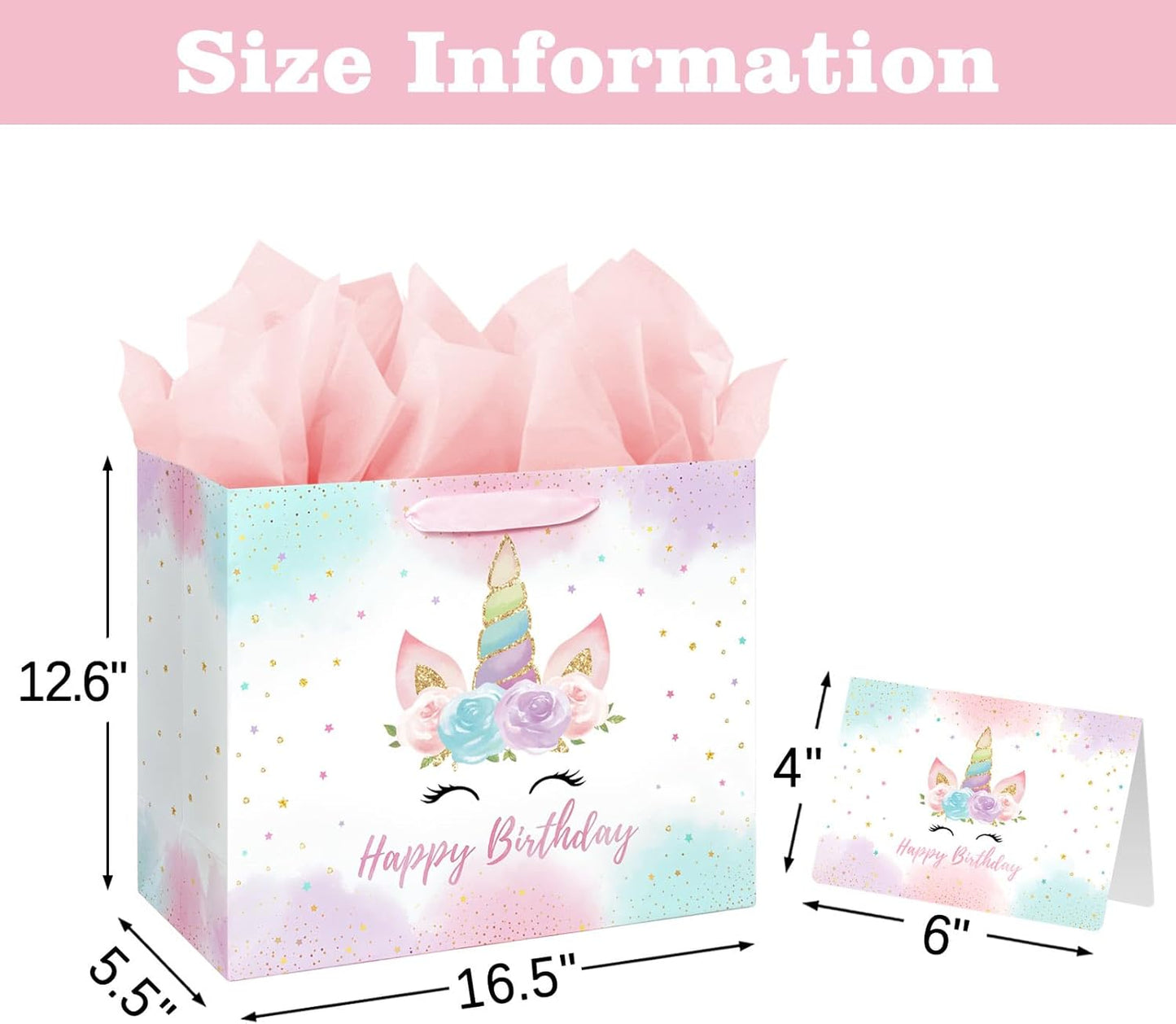 16.5" Large Unicorn Birthday Gift Bag with Card and Tissue Paper for Baby Girls and Kids Birthday (16.5 inch Pink)