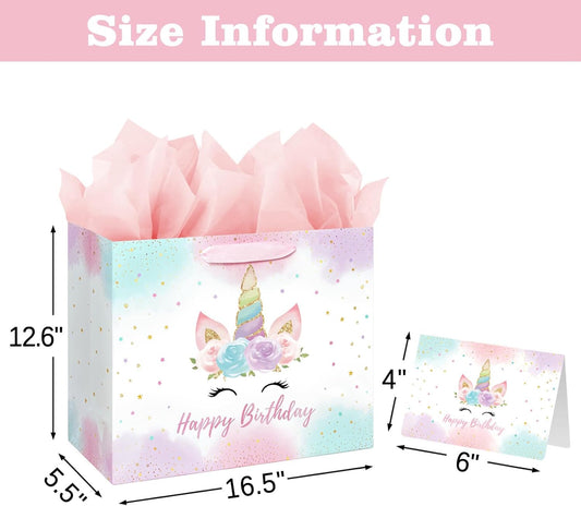 16.5" Large Unicorn Birthday Gift Bag with Card and Tissue Paper for Baby Girls and Kids Birthday (16.5 inch Pink)