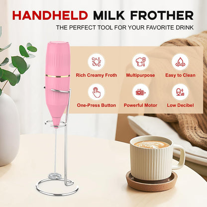 Handheld Milk Frother 14,000 RPM Drink Mixer Wand with Stand & Stirring Spoon Quiet One-Button Operation, Non-Slip Handle, Detachable Whisk Head for Coffee, Lattes, Cappuccinos, Matcha (Pink)