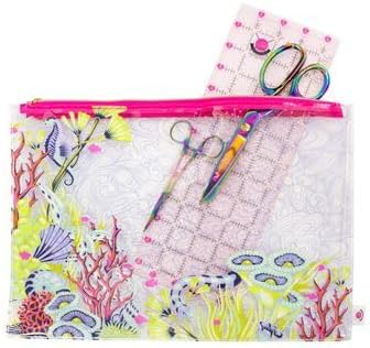 Floral Reef Medium Project Bag, Transparent with Pink Zipper, Undersea-Inspired Print, for Quilting Fabric, Yarn, Sewing Kits 14" x 10" with Gusset