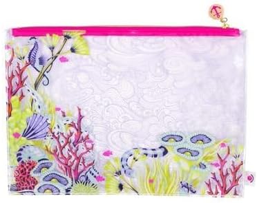 Floral Reef Medium Project Bag, Transparent with Pink Zipper, Undersea-Inspired Print, for Quilting Fabric, Yarn, Sewing Kits 14" x 10" with Gusset