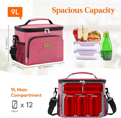 Reusable Insulated Lunch Bag, Portable Cooler Freezable Soft Lunchbox Leakproof with Adjustable Shoulder Strap for Men Women Adult for Work Picnic or Travel, 9L 12 Can, Pink