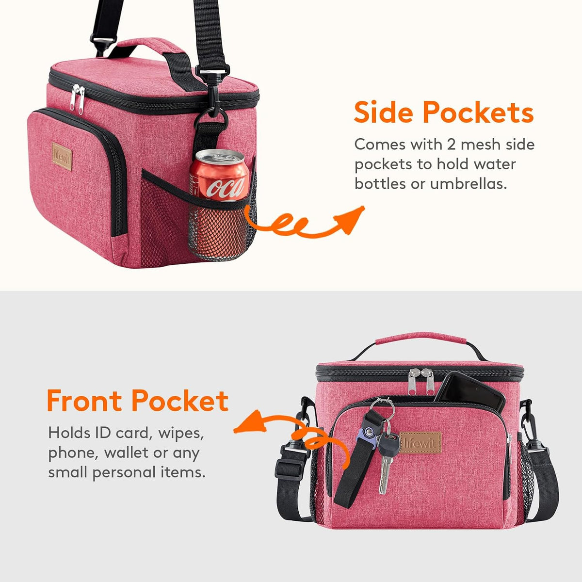 Reusable Insulated Lunch Bag, Portable Cooler Freezable Soft Lunchbox Leakproof with Adjustable Shoulder Strap for Men Women Adult for Work Picnic or Travel, 9L 12 Can, Pink