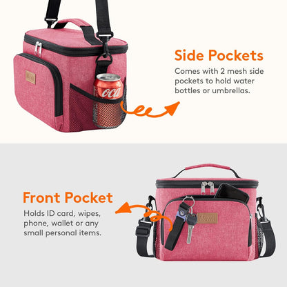 Reusable Insulated Lunch Bag, Portable Cooler Freezable Soft Lunchbox Leakproof with Adjustable Shoulder Strap for Men Women Adult for Work Picnic or Travel, 9L 12 Can, Pink
