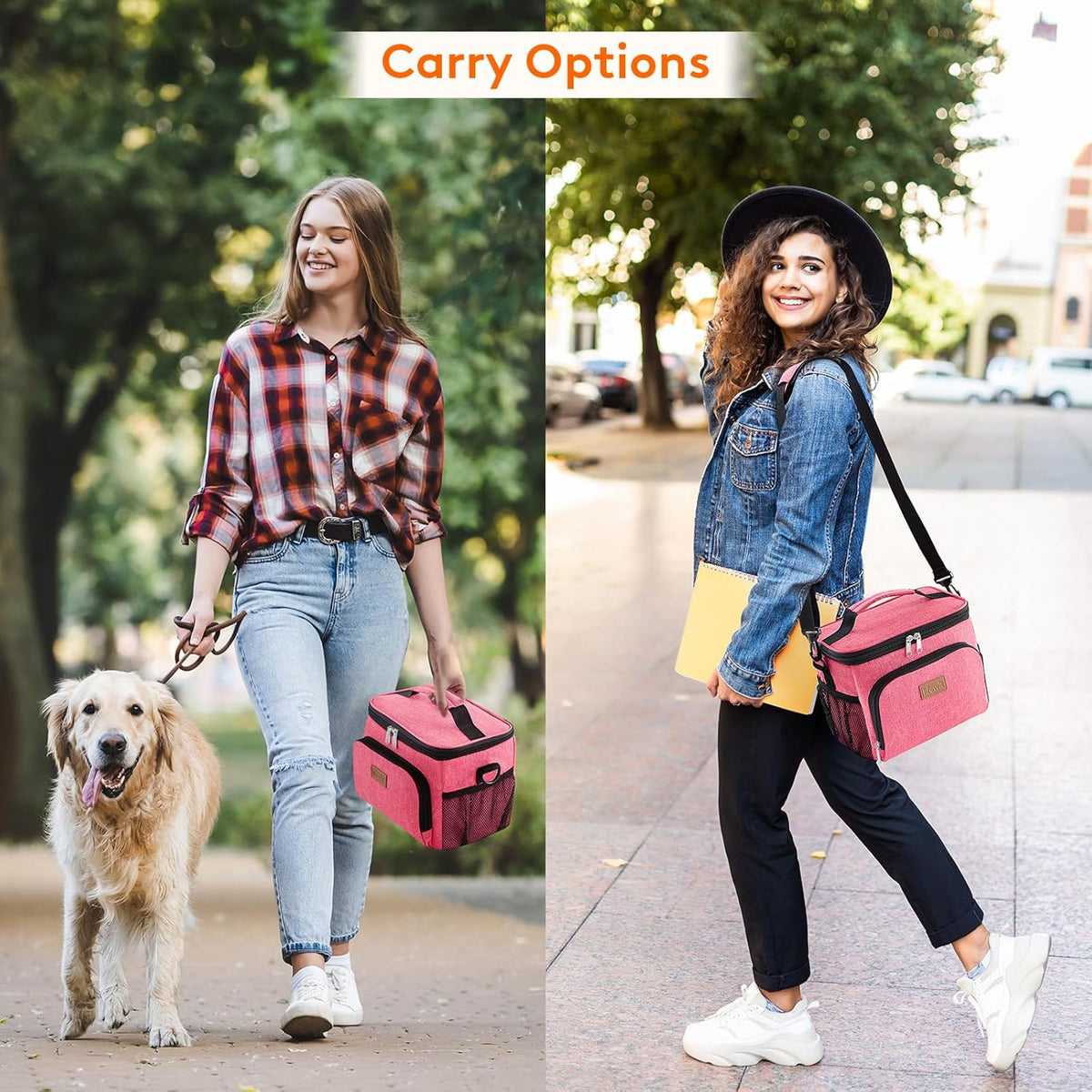 Reusable Insulated Lunch Bag, Portable Cooler Freezable Soft Lunchbox Leakproof with Adjustable Shoulder Strap for Men Women Adult for Work Picnic or Travel, 9L 12 Can, Pink