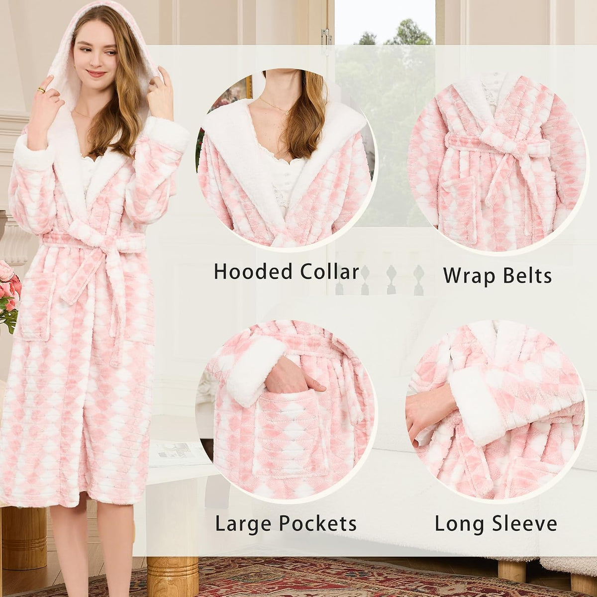 Women’s Plush Hooded Robe, Luxuriously Soft and Warm Fleece Bathrobe for Home Spa and Lounge