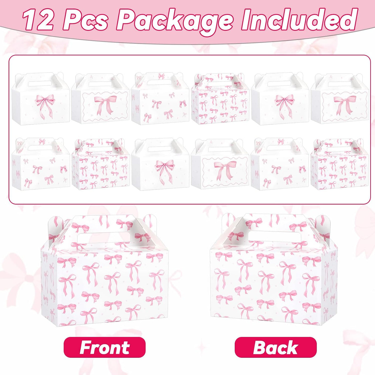 12Pcs Pink Bow Treat Boxes Party Supplies Bow Party Favors Goodie Gift Boxes Bows themed Treat Candy Box for Birthday Bachelorette Engagement Baby Bridal Shower Decorations Supplies