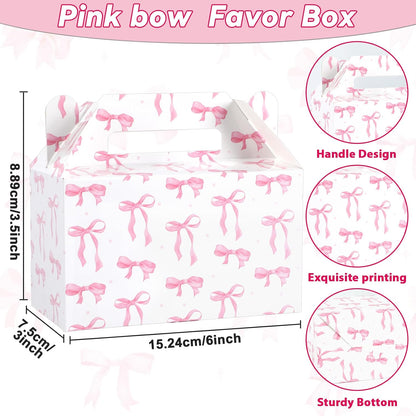 12Pcs Pink Bow Treat Boxes Party Supplies Bow Party Favors Goodie Gift Boxes Bows themed Treat Candy Box for Birthday Bachelorette Engagement Baby Bridal Shower Decorations Supplies
