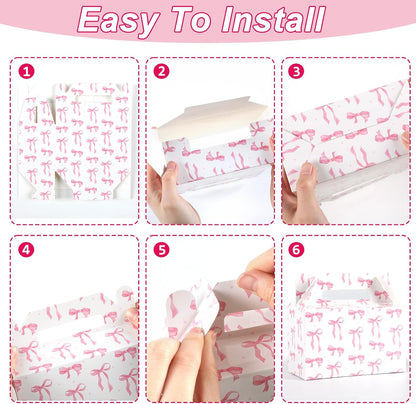 12Pcs Pink Bow Treat Boxes Party Supplies Bow Party Favors Goodie Gift Boxes Bows themed Treat Candy Box for Birthday Bachelorette Engagement Baby Bridal Shower Decorations Supplies
