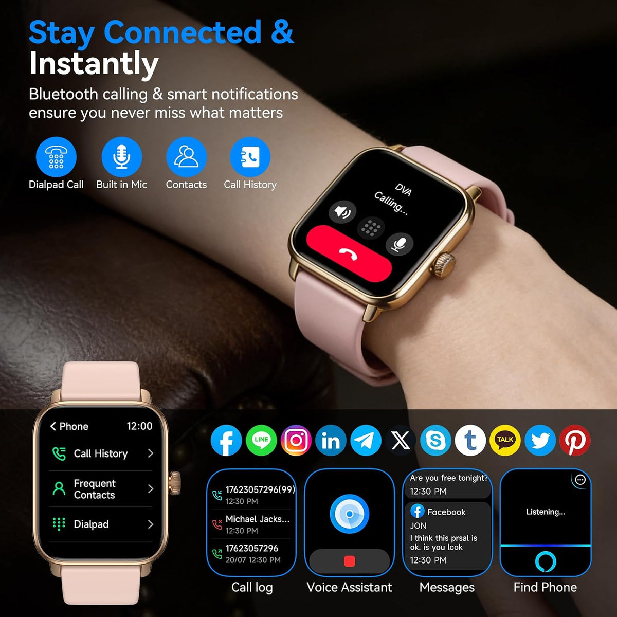 Smart Watches for Men Women with Alexa Built-in, Bluetooth Call, 1.85" HD Touchscreen, 120+ Sport Modes, IP68 Waterproof, 7-Day Battery, 24/7 Heart Rate & Sleep Monitor for Android iPhone (Pink)
