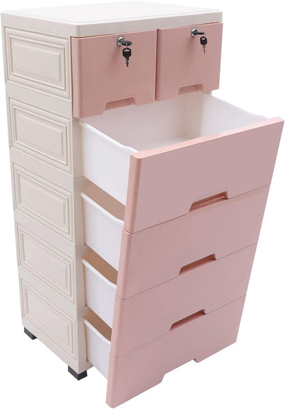 5-Layer 6-Drawer Rolling Storage Cabinet, PP Dresser with Lock, Modern Organizer, Mobile Clothes Bin with Wheels, Large Capacity, Anti-Slip, Easy Install for Bedroom (Pink)